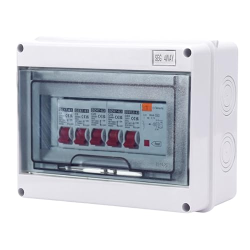 Jadeshay Consumer Unit,4 Way Garage Caravan Consumer Unit Fuse Box IP65 Protection 63A 30mA RCD 4MCB 2 * 6A+20A+32A Leakage Circuit Breaker Panel for Garages Workshops and Outbuilding