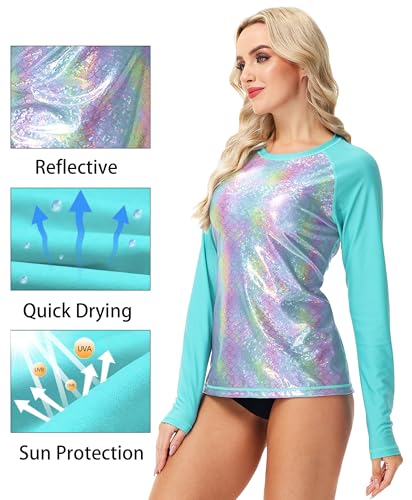 Deerose Women Sparkle Rash Guard Shiny Sun Protection Swim Shirts Metallic Glitter Swimsuit Top3