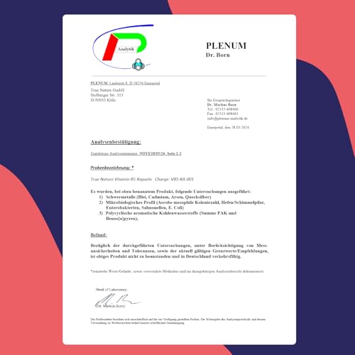 Vitamin B5-365 Kapseln - 500mg Pantothensäure hochdosiert - 1 Jahr Vorrat - Vegan - Deutsche Produktion - TRUE NATURE