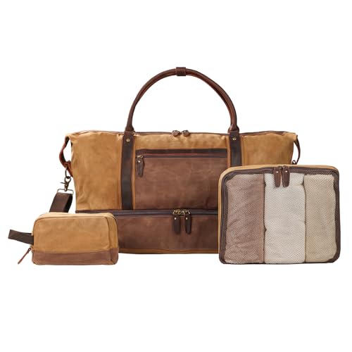 Borsone da Viaggio Grande XXL Uomo Donna in Tela Cerata Impermeabile con Pelle – Set 3 Pezzi con Scomparto Scarpe, Borsa Weekend, Necessaire e Palestra | Per Viaggi e Business