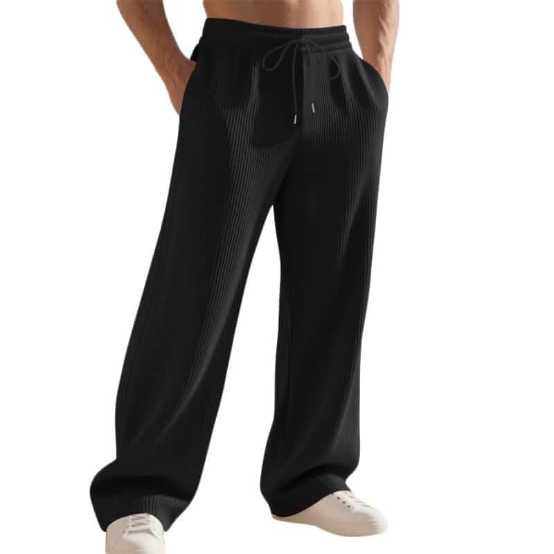 Men's Textured Casual Pants, Relaxed Fit Elastic Waist Drawstring Soft lightweight fabric, breathable comfort and easy pull-on style for lounge, leisure, travel and daily wear.
