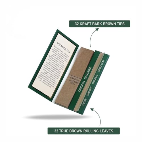 Image of Original Gangster Brown Rolling Papers Organic King Size Slim Booklet | Total 320 Brown Leaves + 320 Filter Tips (32 Leaves + 32 Tips Per Pack) | Natural Unbleached, Ultra-Thin, Super Smooth, Vegan Friendly | Pack of 10