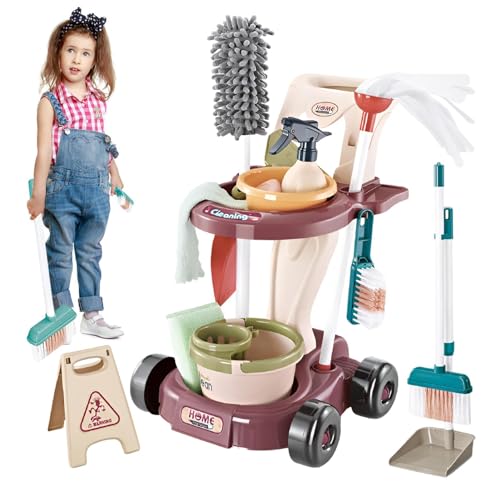 Kids Cleaning Tools - Toddler Housekeeping Toys, Childrens Brushes Playset | Little Tidy-Up Toys, Junior Cleaning Equipment, Kids Mop Dustpan Trolley Set for Fun Birthday Gift Learning, 56 X 33 Cm