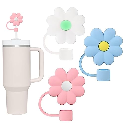 3PCS Straw Covers for Tumbler, Silicone Straws Cover for Stanley 40 oz, 30 oz, Topper for Stanley Cup, Drinking Straw Accessories (Flower)