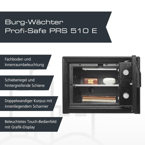 Burg-WÄCHTER Möbeltresor aus Stahl mit elektronischem Zahlenschloss, Feuerfest, Innenbeleuchtung und Fachboden, Wand- und Bodenbefestigung, 15,0 l, 44,0 kg, Profi-Safe PRS 510 E, Schwarz