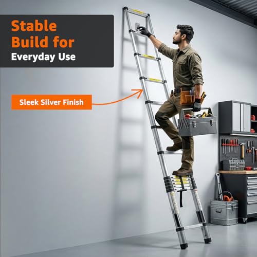 Image of Amazon Basics 5.1 m (16.73 ft) Foldable Telescopic Ladder | Aluminum 13-Step Portable Ladder | Space-Saving for Home Maintenance & Outdoor Tasks