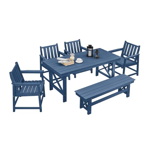 Navy Blue Outdoor Dining Set: Stylish and Durable Patio Furniture Ideas 10 SEEHILL HDPE Outdoor Dining Set of 6, Patio Dining Table Set with 4 Chairs and 1 Bench, 6 Pieces HDPE Dining Set with Umbrella Hole, Outdoor Furniture Sets for Deck, Poolside, Garden, Navy