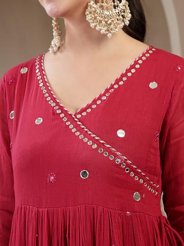 Image of Gulmohar Jaipur Women's Malmal Solid Angrakha Neck Anarkali Kurta Suit Set