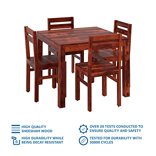 Image of Amazon Brand - Solimo Sheesham Wood Rosyth 4 Seater Square Dining Table with Chairs | Durable Wooden Dining Set Furniture for Restaurants, Dining Room, Living Room, Hotels and Home (Honey Finish)