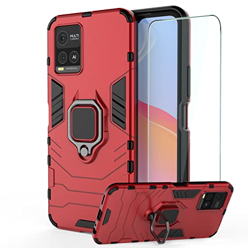 DERHAN Funda para Vivo Y21 / Y21S / Y33S, Fundas Resistente​y Duradero con Cristal Templado, Carcasa Antigolpes Silicona TPU Bumper Case   Rojo
