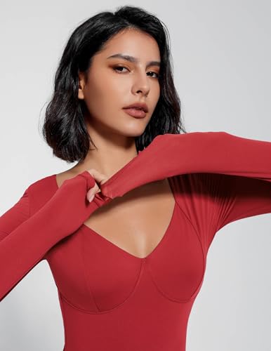 Image of Avidlove Bodysuit for Women Long Sleeve Double Lined Tank Top V Neck Bodysuit Tummy Control Shapewear