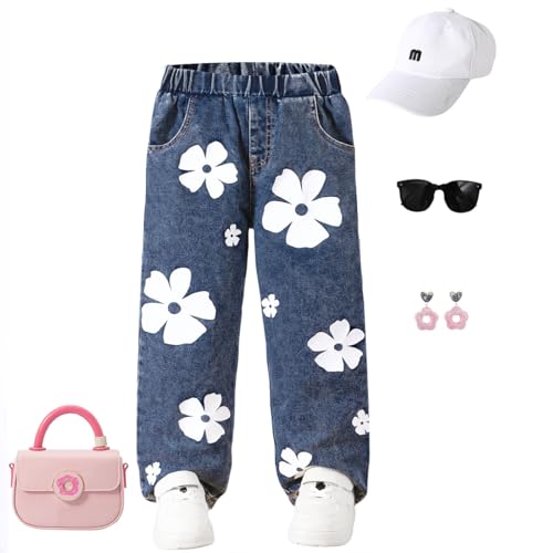 Girls' Denim Pants, White Floral Print, Loose Waist, Casual Jeans