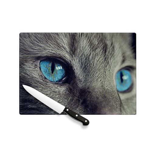 Planche à Découper en Verre Trempé - Chat Gris Korat Magnifiques Yeux Bleu Turquoise Gros Plan - Protection Plan de Travail et Dessous de Plat Résistant Chaleur 2...