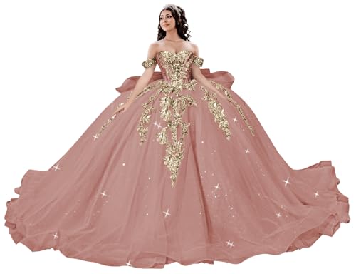 TRHTX Off Shoulder Dusty Rose Quinceanera Dresses Crystal Ball Gown 16
