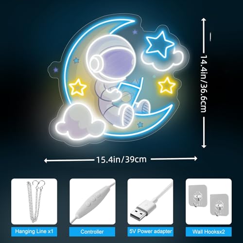 Image of Astronaut Reading Neon Sign Book Artwork Light Reading Corner LED Light | Nursery Room Decor USB Powered Dimmable Gift For Kids Home Wall Decor Room Decoration 15 inchx13.4 inch