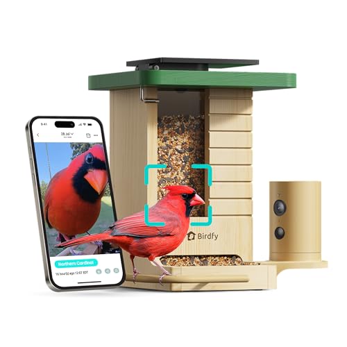 Birdfy Smart Bird Feeder with Camera Solar Powered, Slow-Motion Video & Night Insight, AI Identify 6000+ Species Lifetime Free, Ideal for Outdoors Bird Watching & Gifts for BirdLovers, Wood