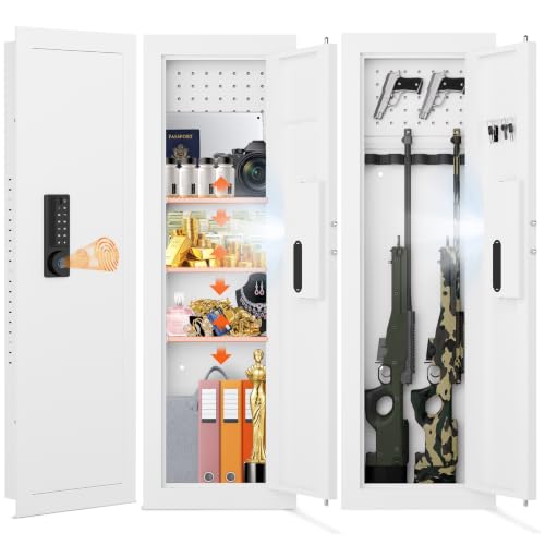 Image of 47.24 inch Wall Safe Between the Studs, Hidden Safe with Removable Pegboard, Wall Gun Safe with Magnetic Slot and 3 Adjustable Shelves(White-Fingerprint)