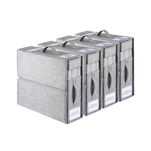 Youyijia 4-Pack Bed Sheet Organizers with Handles & Windows Foldable Linen Storage Box for Queen/King Sheets Duvet Covers Blankets & Towels Space-Saving Closet Organizer Grey