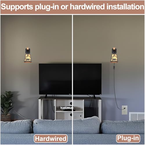 Image of Plug in Wall Light,Bear Metal Rustic Wall Sconces,Parchment Farmhouse Wall Sconces Set of Two,Black Industrial Wall Mounted Light,Wall Lamps for Bedroom,Living Room,Bedside,Indoor,Bathroom