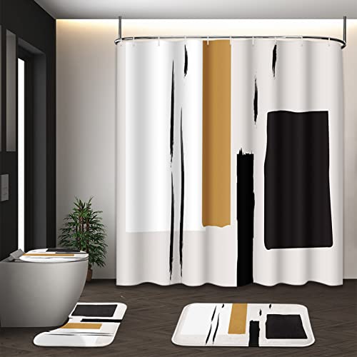 Tayney Boho Mid Century Shower Curtain Sets With Toilet Lid Cover And Non-Slip Rugs, Abstract Line Art 4 Pcs Shower Curtain Set, Modern Minimalist Geometric Bathroom Set Decor With 12 Hooks #TOP5