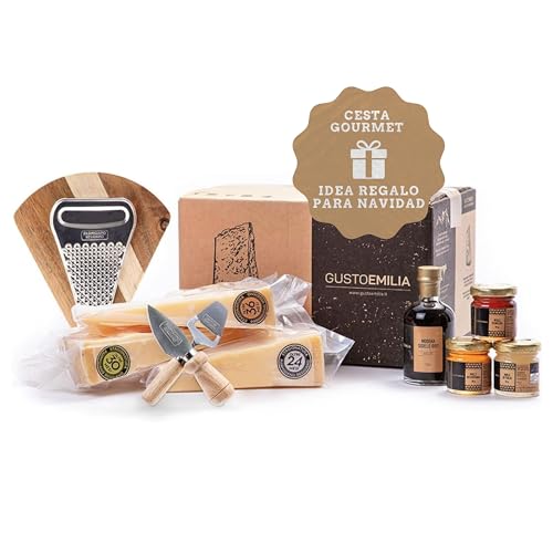 GUSTOEMILIA Cesta Gourmet de Queso Parmigiano Reggiano Envejecid, Miel y Vinagre Balsámico Envejecido - Perfecta como Regalo de Comida Italiana para Todas las Ocasiones