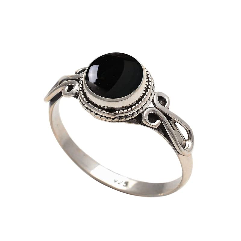 Miniatura 8 de Black Onyx Stone Ring, Handmade 925 Sterling Silver Rings for Women Girls, Natural Gemstone Ring US size 7 Solitaire Ring, Round Stone Ring,