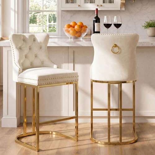 Image of UVV Counter Height Bar Stools Set of 2, 26 inch Modern Barstools with Back, Velvet Upholstery Counter Chairs with Metal Legs for Kitchen Island, Bar, Counter, Beige
