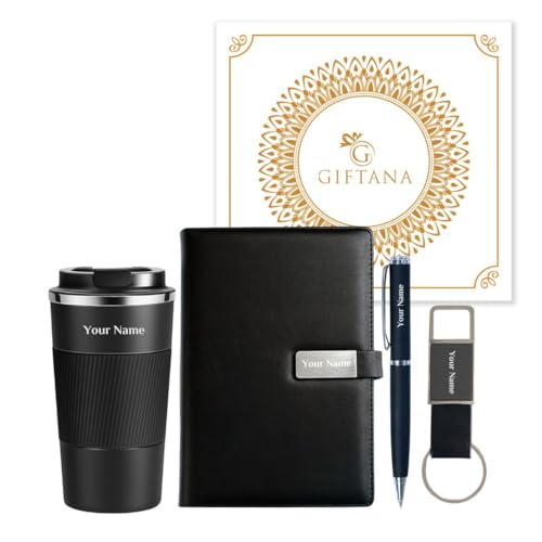 Image of Giftana Personalized Notebook Diary with Pen, Coffee Tumbler 510ml, Keychain Gift Set for Men and Women, 4 in 1 Personalized New Year Corporate Gifting for Employee, Birthday Gifts for Husband (Black)