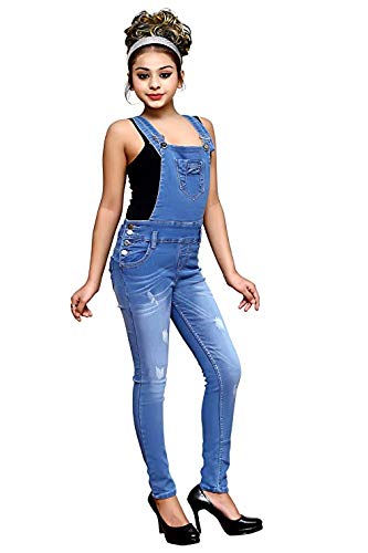 FNOCKS Girls Casual WEAR Slim FIT Trendy Denim Dungaree Capri (ICE Blue, 14-15 Years)