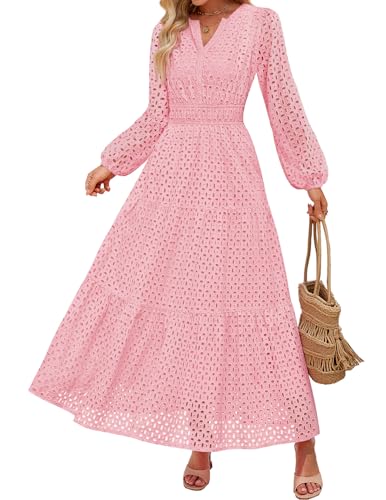 ZESICA Women's 2025 Fall Long Sleeve Maxi Dress V Neck Hollow Out Eyelet A Line Long Flowy Casual Party Dresses Pink Small