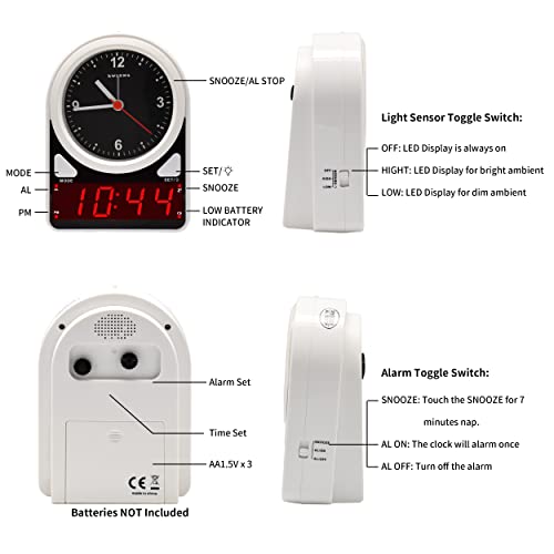 Kwanwa 2 In 1 Analog Alarm Clock & Led Digital Clock, Light Sensor Led Clock, Battery Operated Only, Snooze, 12Hr, Alarm Clock For Bedroom, Living Room, Bookshelf, Kids, Elderly, Easy To Set #TOP2