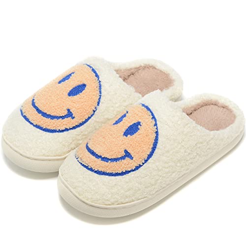 Image of Retro Fuzzy Face Slippers for Women Men, Retro Soft Fluffy Warm Home Non-Slip Couple Style Casual Smile Face Slippers Indoor Outdoor Anti-Skid Warm Cozy Foam Slide Fuzzy Slides with Soft Memory Foam Shoes
