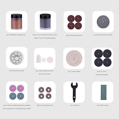 TACKLIFE Rotary Tool Accessories Kit 282 Pieces 1/8-inch Diameter Shanks Universal Fitment for Easy Cutting, Grinding, Sanding, Sharpening, Carving and Polishing-ARTO2C