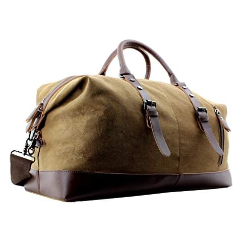 JIAO MIAO Overnight Canvas Leather Travel Tote Duffel Shoulder Handbag Bag,170805-brown Cover