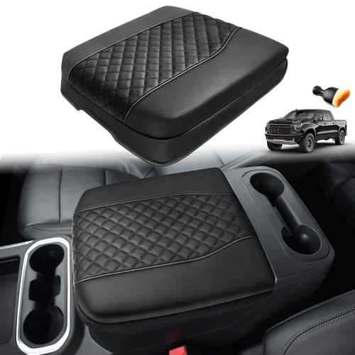 Center Console Cover for Chevy Silverado & GMC Sierra 1500 2019-2025 2026, Yukon & Tahoe & Suburban 2021-2026 Bucket Seat, Armrest Cover for Silverado Accessories Leather Cushion Protector Pad