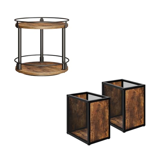 YATINEY Lazy Susan Organizer, Rotating Spice Rack, 2 Tier Spice Turntable Organizer, Office Trash Can 2 Pack, 4 Gallon Garbage Can, Metal Wastebasket with Wood-Look Panels, SR22BR-WB03L2BR