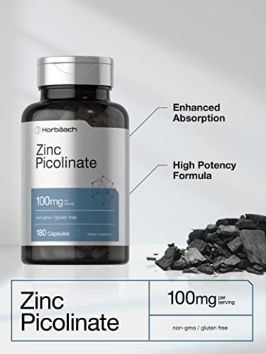 Zinc Picolinate 100Mg | 180 Capsules | High Potency | Non-Gmo, Gluten Free | Zinc Supplement | By Horbaach #TOP2