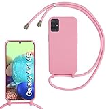 SLWYF Funda Silicona Líquida con Cuerda para Samsung Galaxy A71 4G, Carcasa Suave Silicona Case con Correa Colgante Ajustable Collar Correa de Cuello Cadena Cordón- Rosa
