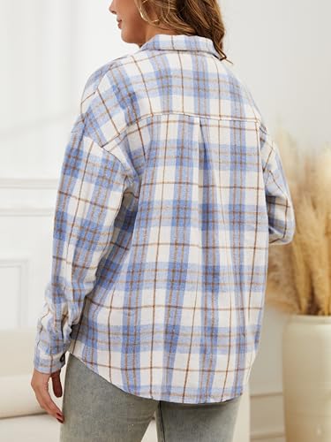 Enjoyoself Women's Autumn Winter Cotton-Polyester Oversized Plaid Blouse Classic Flannel Jacket Coat-Blue/L - Image 4