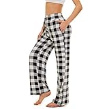 AMYTIS Damen Yogahose Stretch Freizeithose Bequeme Pyjamahose Schlafanzughose Lang Leichte Lounge Hose Hausanzug Hosen Relaxhose Fitness Sommer Weites Bein,Blackgrid,L