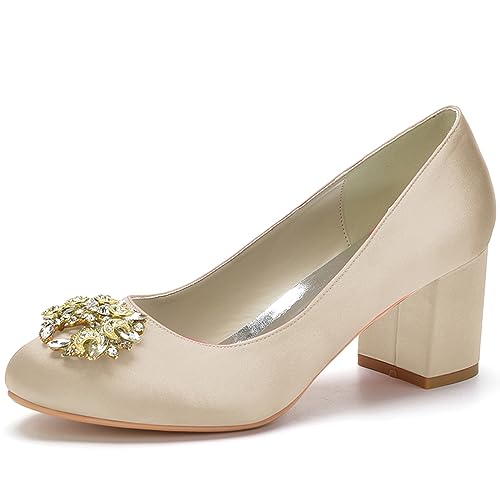 WSMYBLQ Women's Satin Bridal Shoes Mid Block Heel Dress Pumps Round Toe Slip on Wedding Party Court Shoes with Rhinestone,Champagne,12 -  CHAMPAGNE-12-65475196