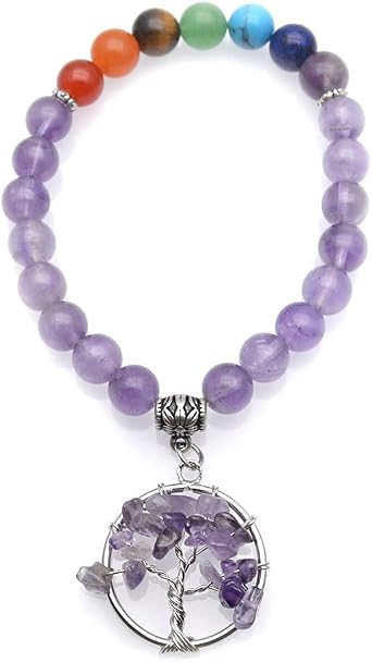 Natural Gemstone Amethyst Agate Amazonite Crystal Stone Round Beads Chakra Life Tree Charm Bracelets for Fashion Woman Jewelry Gift Amethyst