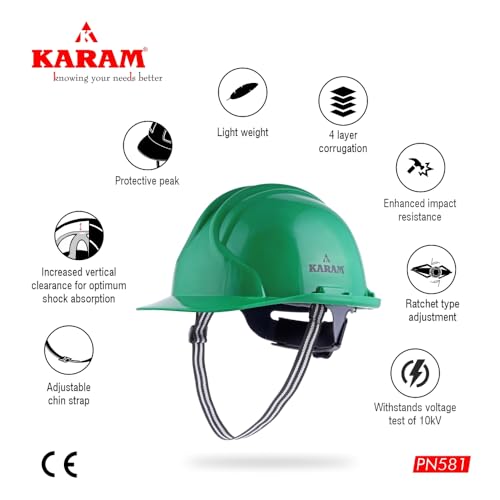 Image of KARAM PN581 Safety Industrial Helmet for Men | Light Weight with Ratchet Type Adjustment | Comfortable Fit & Durable Hard Hat | EN Certified | HYD Green