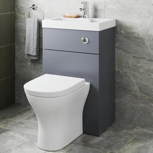 Baystone® Modern Bathroom Cloakroom 2 in 1 Back to Wall BTW Toilet Wash Basin Combi Unit Space Saving Set Soft Close Seat Dual Flush Cistern, Grey Gloss