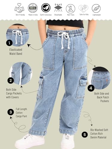 Image of olele Girls Super Jeans Collection for 4-14 Yrs | Stretchable Cotton Denim Trousers | Blue Jeans for Kids | Baggy Denim Pants | Cargo Pants for Girls