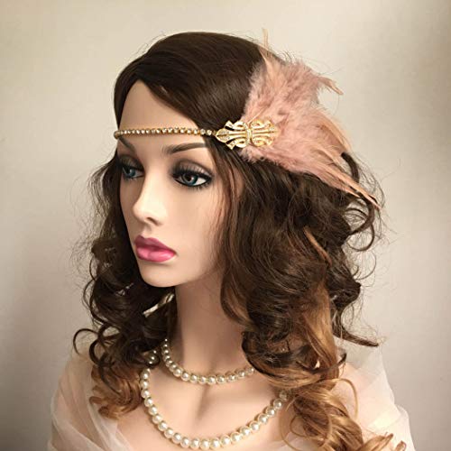 Asooll Vintage 1920s Flapper Pink Feather Headband Roaring 20s Great Gatsby Crystal Headpiece Feather Showgirl Prom Hair Accessories for Women