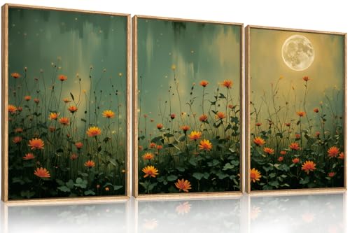 HOURIA Mystical Midnight Wildflower Framed Canvas Wall Art Set,Moonlit Orange