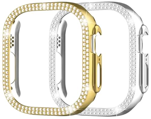 Image of AMiRiTE ADS144 Bling Diamond Rhinestone Ony Bumper Watch Case Cover Without Glass Compatible with Apple iWatch Series 49mm Ultra /Ultra 2 (49MM [ Bling CASE Combo Pack of 2 ], Gold & Silver)