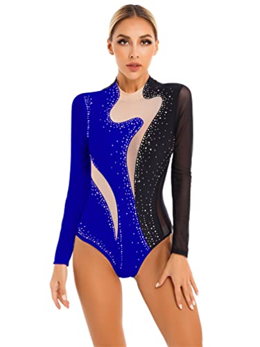 iiniim Women's Rhinestone Ballet Dance Leotard Mesh Long Sleeve Gymnastics Leotards Bodysuit Tops Dancewear Black&Royal Blue #2 XX-Large