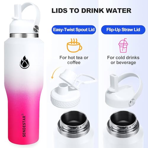 Image of SENDESTAR 32oz Water Bottle Wide Mouth Stainless Steel Vacuum Insulated Double Wall with 2 Straw Lids Fit in Any Car Cup Holder TXIN-32-WP-1